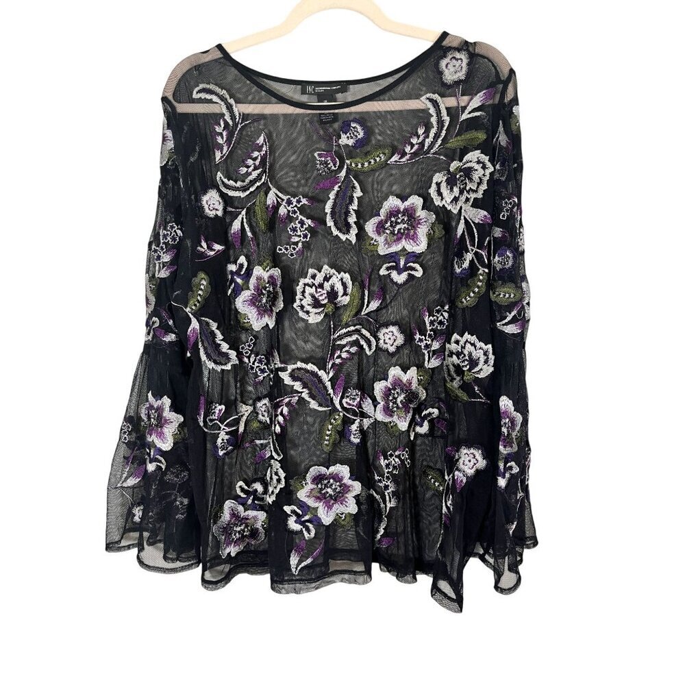 Retro Floral Mesh Top 1X‎ Black Embroidery Classic Chic Romance Preppy Y2K 80s